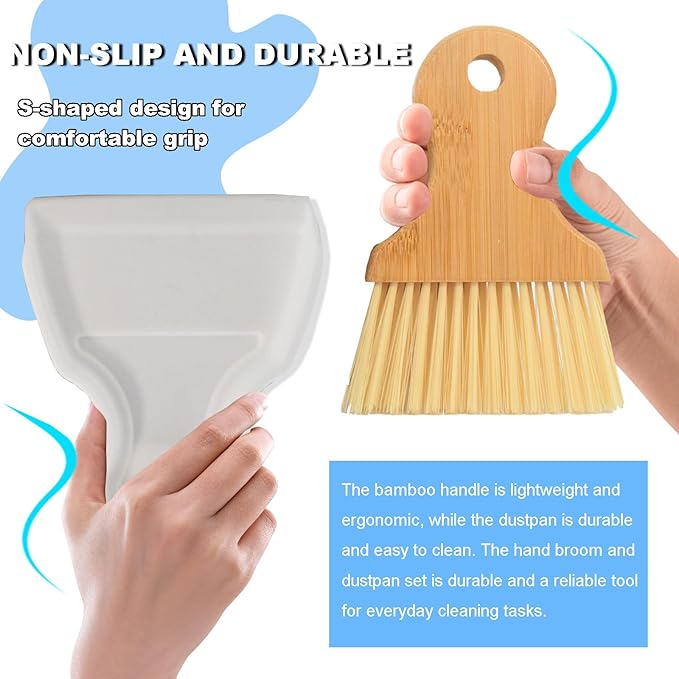 BSMstone Mini Broom and Dustpan Set Portable Hand Broom with Bamboo Handle Small Crumb Sweeper for Home, Bathroom, Kitchen, Car Interior, Office, Pet Areas (White)