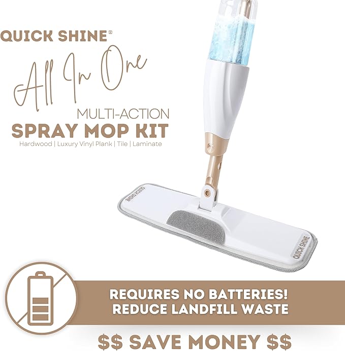 Quick Shine Ultimate Gold Spray Mop Kit | All-in-One 10 Piece Kit w/ Interchangeable Attachments | No Batteries Needed | Pro Cleaning System for All Floor Types | 2-in-1 Mop