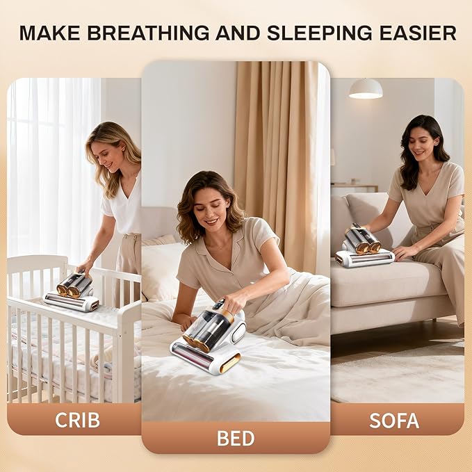 SRGARH Cordless Mattress Vacuum Cleaner, 16kpa Bed Vacuum Cleaner with 253.7nm Uv-C Light & Ultrasonic Tech Dual Bins for Dust & Widen Suction Port 120w for Bed Sofa & Pet Hair