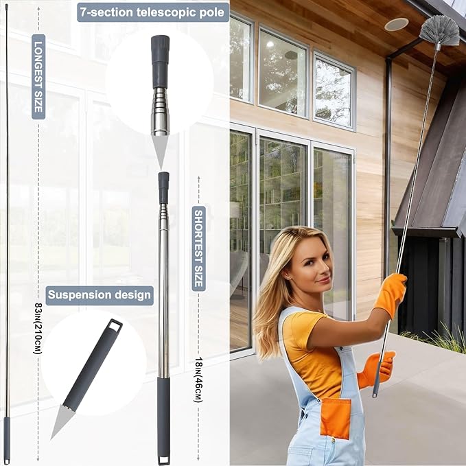 100 Inch Cobweb Duster, Spider Web Brush & Microfiber Feather Duster with 100" Extension Pole, Bendable Head, Scratch-Resistant Cover, Washable Duster for Home Ceiling, Fan, Furniture (Gray)