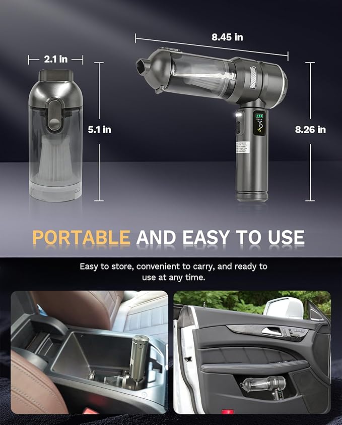 Baiwade Cordless Handheld Car Vacuum Cleaner, 15000PA High Power 2-in-1 Mini Vacuum Duster & Inflator with LED Display Screen, 3-Speed Brushless Motor for Car Care, Home, Office, Pet