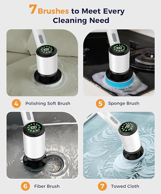 Electric Spin Scrubber, Cordless Cleaning Brush, Bathroom Shower Scrubber with 7 Replaceable Brush Heads, 2 Adjustable Speeds, Extension Handle, IPX7 Waterproof for Tub Tile Floor Car, White-o2.