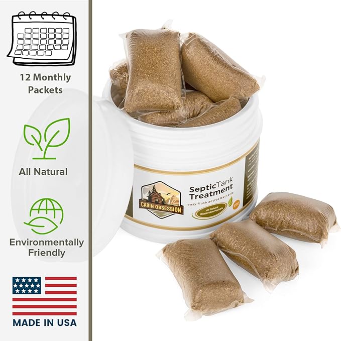 Septic Tank Treatment - 1 Year Supply of Septic Safe Dissolvable Easy Flush Live Bacteria Packets (12 Count) - Best Way to Prevent Expensive Sewage Backups - Made in USA