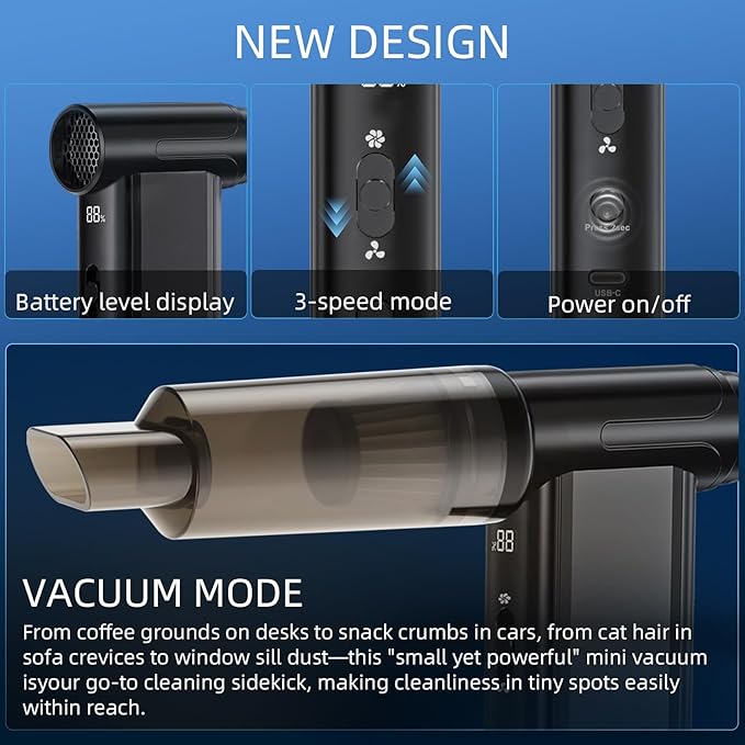 Electric Air Duster-130000 RPM Brushless Motor, 2-in-1 Blow & Vacuum, 4000mAh Rechargeable, 3 Gear Adjustable Compressed Air Duster for Computer, Keyboard, House and Car, 11pcs Accessories