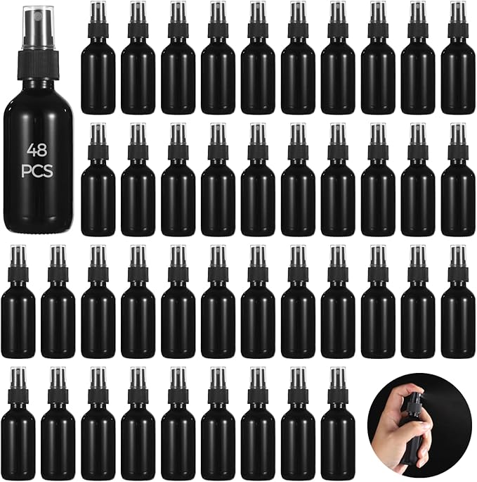 Lnrueg 48 Pcs BlackSmall Glass Spray Bottles 2 oz - Perfume, DIY Cleaners, Fine Mist Spray, Leakproof and Corrosion-Resistant, 60ML Travel Size, Portable for Beauty, Aromatherapy Household Use