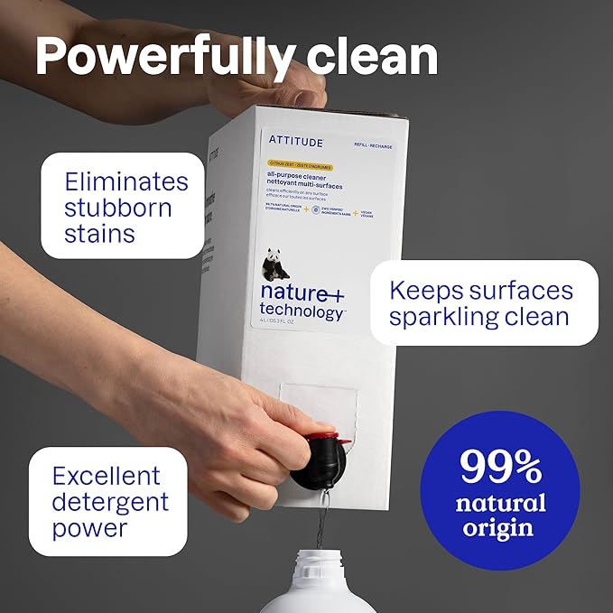 ATTITUDE All-Purpose Cleaner Refill, EWG Verified, Plant-Based & Vegan, Multi-Surface Cleaning Spray, Citrus Zest, 135.26 Fl Oz