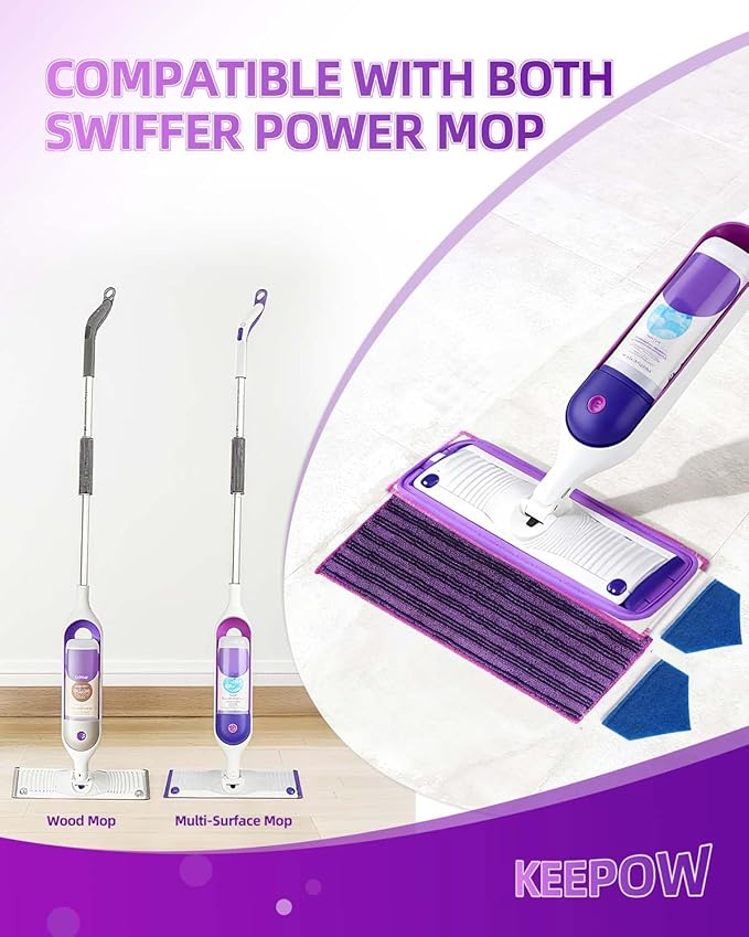 KEEPOW Power Mop Pads Compatible with Swiffer PowerMop Mop Refills with Scrubbing Pads 8pcs Microfiber Wet Mops Refills Reusable PowerMop Pads Refill Deep Cleaning Hard Floor Mop Pads Replacement