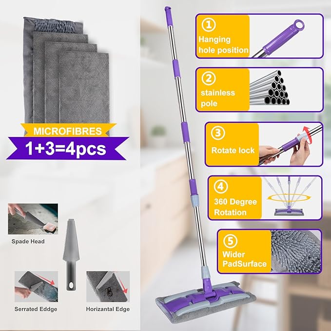 ITTAHO Microfiber Mops for Floor Cleaning ,Wet Dry Flat Mop with Stainless Steel Telescopic Handle,4 Reusable Mop Pads , Dust Mop for Hardwood Floors ,Home,Laminate,Tile,Hardwoods Cleaning (Purple)