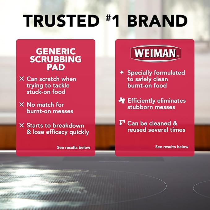Weiman Cooktop Scrubbing Pads, 3 Count Scratch-Free Cleaning Pads for Cermaic, Glass Cooktop Surfaces, Removes Tough Burned-On Food & Residue