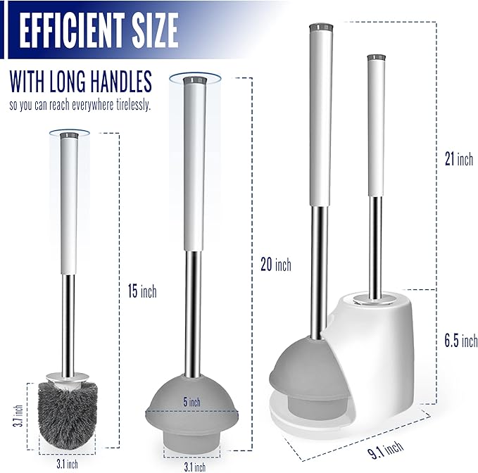 True Fresh Toilet Brush and Plunger Set with Holder Caddy -Stainless Steel Brush and Toilet Plunger for Heavy Duty -2-in-1 Scrubber Combo with Hidden Tweezer & Extendable Plastic Handle