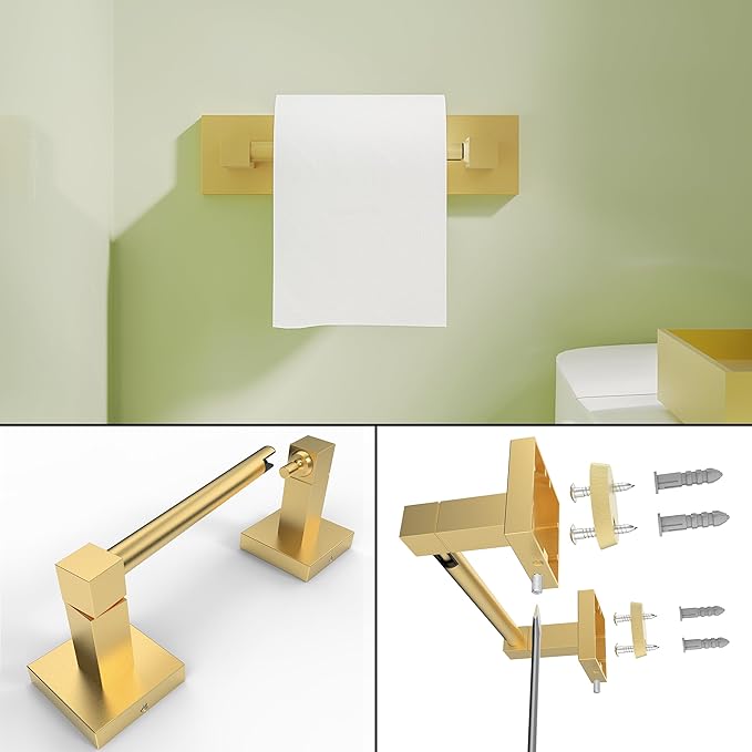 Ruacq Brushed Gold Toilet Paper Holder Towel Ring Bathroom Accessories Hardware Set Double Post Pivoting Toilet Roll Holder Square Stainless Steel and Zinc Alloy Modern Wall Mounted 2 Pieces