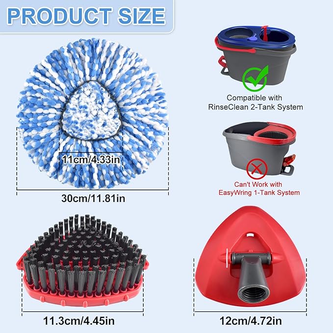 Mop Heads Replacements for O Ceda,Mop Replace Head for Ocedar Rinseclean 2 Tank,Microfiber Mop Refills,Include 3 Spin Mop Replacement Head 1 Scrub Brush 1 Mop Base Machine Washable & Easy to Replace
