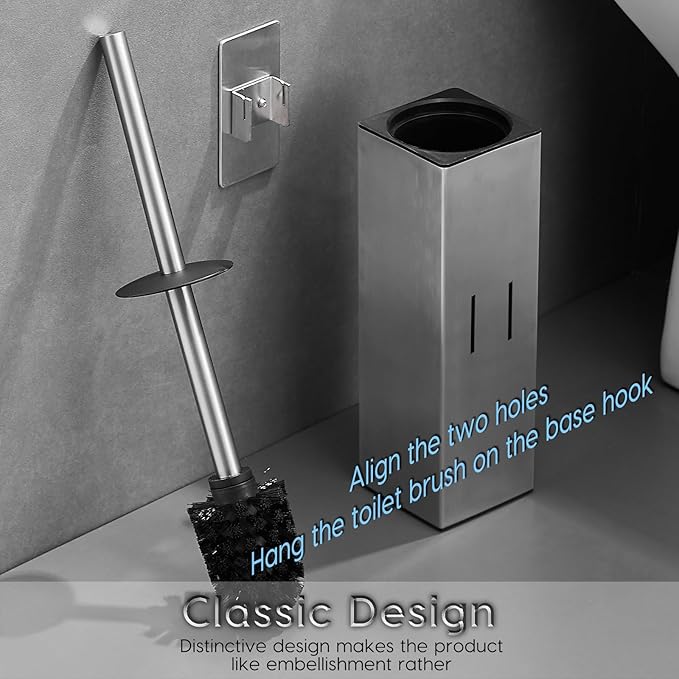 Brushed Gold Stainless Steel Toilet Brush, Square No-Punch Hook Base Toilet Brush Holder Removable Inner Bucket and Splash Proof Cover - Soft Bristles (Non-Drill Square Plastic caps Brushed)