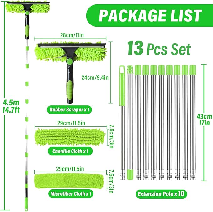 RIZENCE 4.5M/14.7ft Window Cleaning Squeegee Tools, 3-in-1 Window Washing Kit with 10 Extension Pole, 2 Microfiber Cloth Brush & Squeegee, Telescopic Window Cleaner Tool for High Window, Car Glass