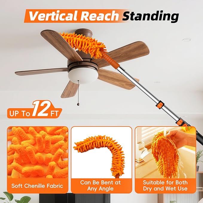 DALTACK 32 Foot High Dusters Kit for Cleaning with 5.6-24 Foot Heavy Duty Extension Pole, Extendable Reusable Cobweb, Feather, Ceiling Fan Cleaner Duster, Window Squeegee Kit