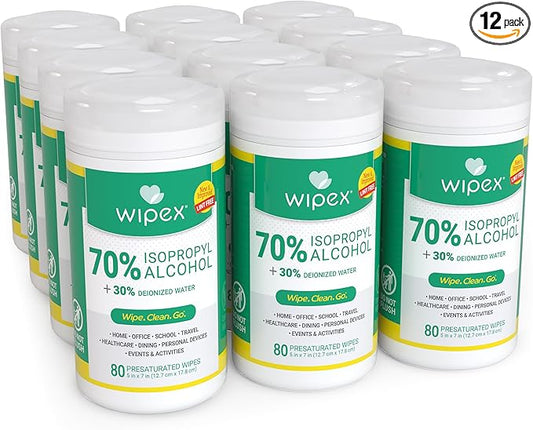 Wipex Alcohol Wipes for Electronics - Lint Free Tech Wipes with 70% Isopropyl Alcohol - Equipment Cleaning for Computers, iPhones and Household Items, 80 Count (Pack of 12)