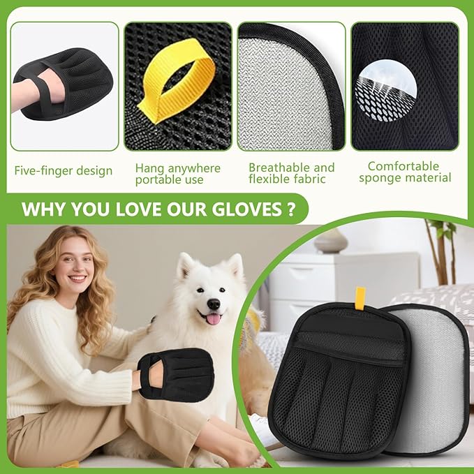 Bumilily 2 Packs Electrostatic Pet Hair Remover Glove for Dogs and Cats – Reusable Brush Pet Hair Removal Glove for Furniture, Car Interiors, Bedding & Clothing