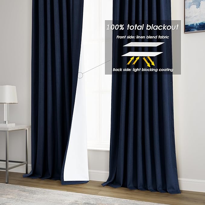 Navy Blue Linen Blackout Curtains 120 Inch Length 2 Panels Set Extra Long 10 Ft Back Tab Pocket Drapes Cotton Textured Thermal Insulated Total Blocking Curtain for Dining Room Cottage High Window