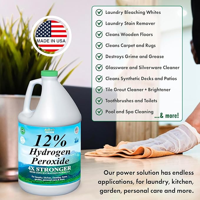 Nature's Freedom 12% Hydrogen Peroxide, 1 Gallon with “How to Do Everything with 12% Hydrogen Peroxide” Cleaning Book – Pure H2O2 for Home & Surface Cleaning