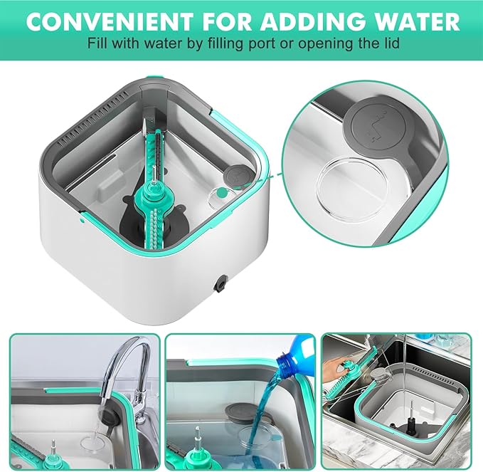 Upgraded Spin Mop and Bucket System Set, Self Separate Clean and Dirty Water, Foldable Square Standing Mop Head with Microfiber Mop Pads, Detachable Bucket (White+Blue, Mop Set with 6PC Pads)