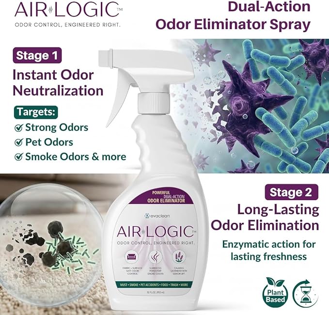 AIRLOGIC Dual-Action Odor Eliminator Spray 32 Fl Oz, Plant-Based Instant Knockdown & Enzymatic Deodorizer for Home, Neutralizes 16 Odor Sources, Bleach-Free, Fabric & Surface Safe, Lavender Lemon