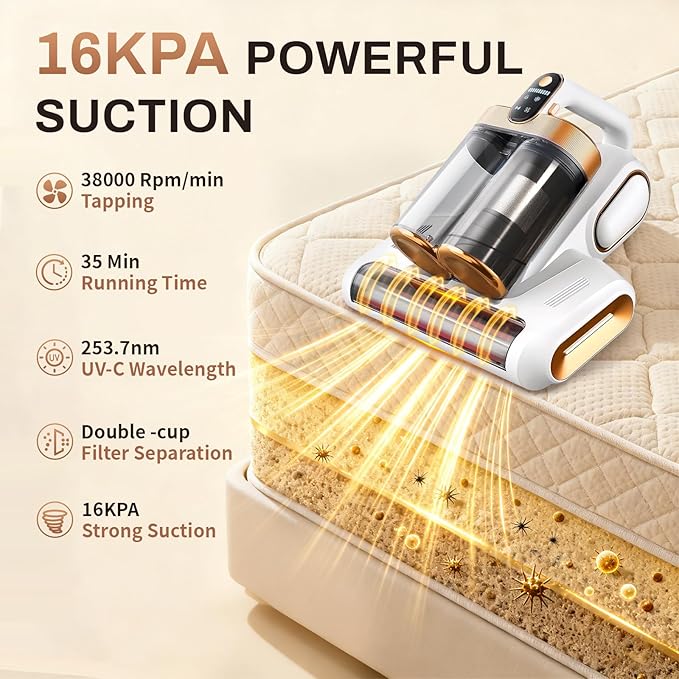 SRGARH Cordless Mattress Vacuum Cleaner, 16kpa Bed Vacuum Cleaner with 253.7nm Uv-C Light & Ultrasonic Tech Dual Bins for Dust & Widen Suction Port 120w for Bed Sofa & Pet Hair