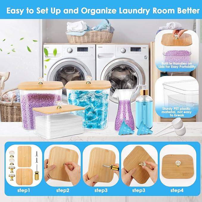 Laundry Storage Containers Set - 2 Pods Container, Dryer Sheet Holder With Lids, Plastic Detergent Dispenser Bottle, Scoops for Powder, Dryer Balls, Bead, Organizing