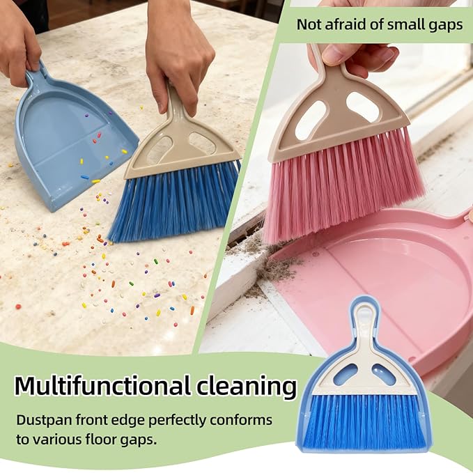 Sissatthai 6Pcs Small Dust Pan and Brush Set with Cleaning Cloth - Blue & Green & Pink Brooms, Mini Hand Broom and Dustpan Set Whisk Dustpan Brush Kid Broom for Table Desk Car Keyboard