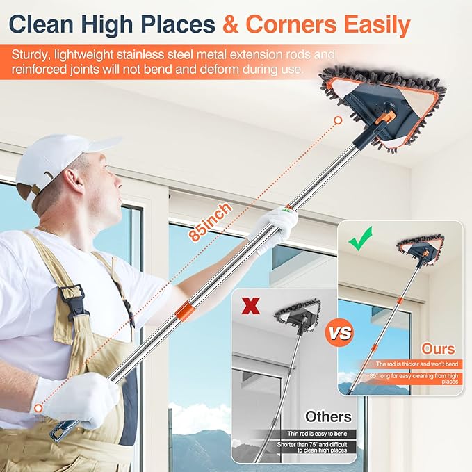 85 Inch Wall Cleaner with Long Handle, 360° Rotatable Wall Mop, Wall Washer Cleaner Tool for Walls/Ceiling Fans/Dust/Baseboard/Floors Clean, 6 Replacement Pads and 3 Silicon Squeegee Scraper Strips