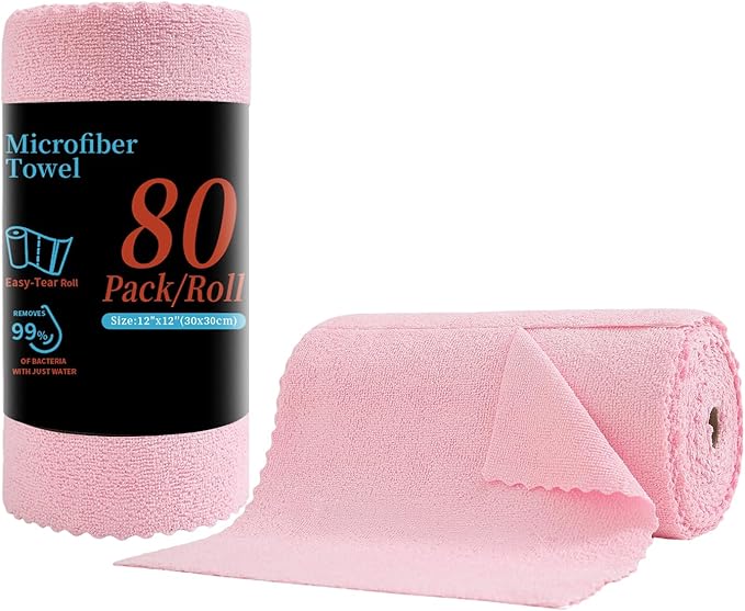 Tigona 80 Pack Microfiber Cleaning Cloth Roll,Lint Free Rags & Tear Away Reusable Towels Washable Scratch,Ultra Absorbent Dish Rags(12" x 12") for Car Kitchen Home Garage-Pink