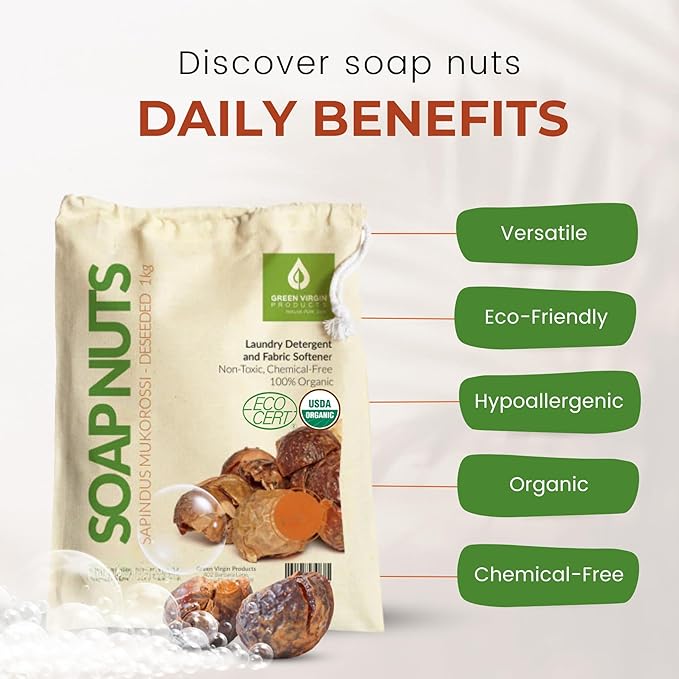 Green Virgin Soap Nuts (500 Grams=1.1 Lbs=8.8 Grams), Approx 165 Wash Loads, Includes 2 Wash Bags.