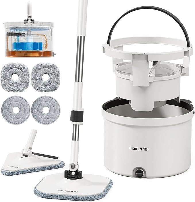 HoMettler Mop and Bucket Set, Dual-Tank Clean/Dirty Water Separation, with Triangular Head & 4 Microfiber Pads for Deep-Cleaning Floors, Versatile Mops for Walls