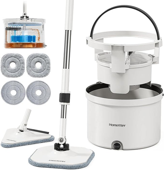 HoMettler Mop and Bucket Set, Dual-Tank Clean/Dirty Water Separation, with Triangular Head & 4 Microfiber Pads for Deep-Cleaning Floors, Versatile Mops for Walls