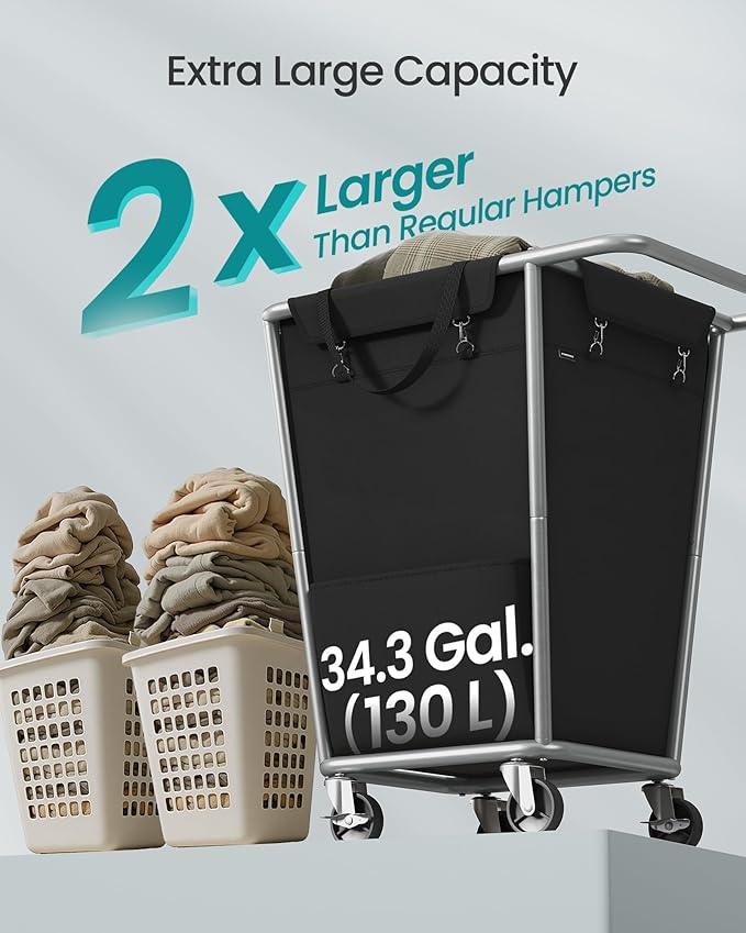 SONGMICS Laundry Basket with Wheels, 34.3 Gallons (130 L) Rolling Laundry Hamper with Removable Bag, Heavy-Duty Steel Frame with Handle, Ink Black URLS008B01