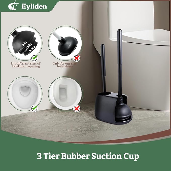 Eyliden 2 Pack Toilet Plunger & Brush Set, Upgrade 3-Step Suction Cup - Ultra-Tight Seal, Durable, Space-Saving Toilet Deep Cleaning Combo with Holder, Bathroom Essentials (2 Pack, Black)