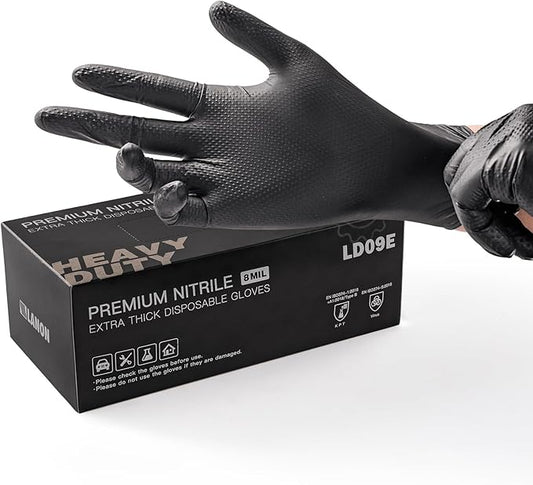 LANON 8 Mil Heavy Duty Black Nitrile Gloves, Food Safe, Powder Free, Mechanic, Fully-Diamond Textured Grip Industrial Disposable Gloves, Medium