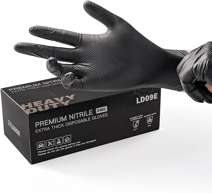 LANON Protection Heavy Duty Black Nitrile Gloves, Food Safe, Latex Free, Powder Free, Mechanic, Fully-Diamond Textured Grip Industrial Disposable Gloves, 8mil, Large
