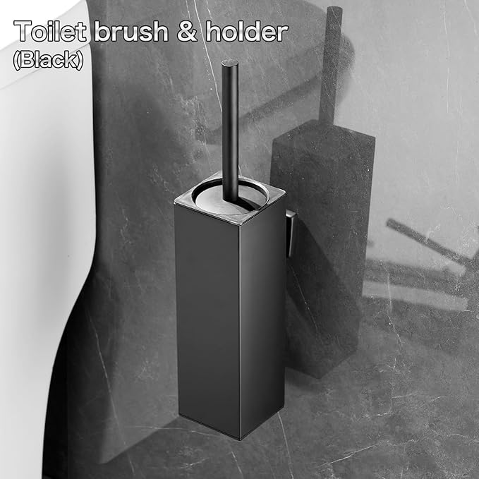 AIREMOEN Wall-Mounted Toilet Brush and Holder Set with Cleaning Brush Head, Splash Guard, and Drip Tray - Black