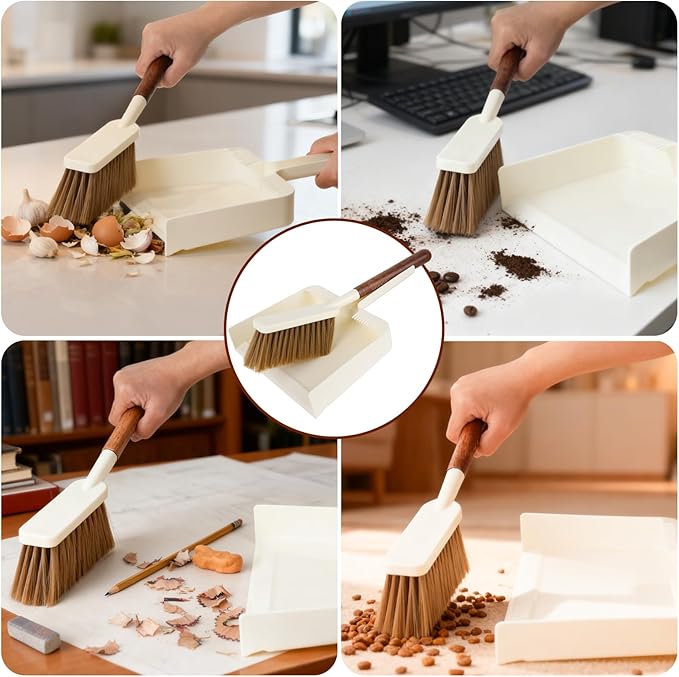 QUIVIX Hand Broom and Dustpan Set,Portable Small Dustpan and Brush Set with Sapele Wood Handle,Teeth Design,Compact Hangable Broom with Dustpan for Cleaning Desktops Kitchen Sofa Pet Hair,Beige