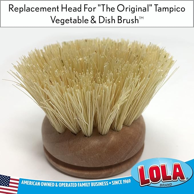 LOLA Replacement Head for The Original Tampico Vegetable & Dish Brush, 1.75" Head, Birchwood & Poly Bristles, Reusable & Washable, 1 Pack