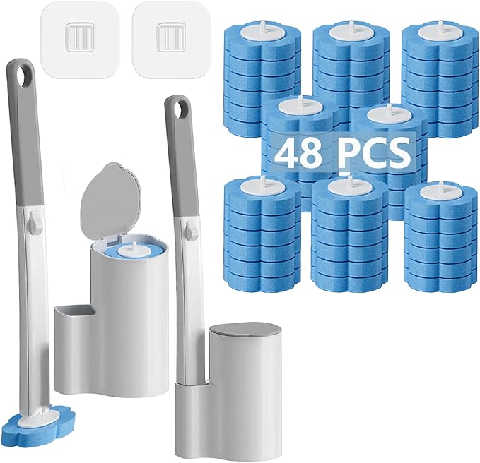 Ucaimao 2 Pack Disposable Toilet Brush and Holder Set,Extended Handle with 48 Cleaner Refills Toilet Brush for Toilet Bowl Cleaners,Bathroom Cleaning, Bathtub - Blue (Ocean Fresh Scent)