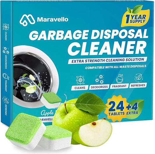Maravello Garbage Disposal Cleaner and Deodorizer 28 Tablets Sink Foaming Garbage Disposer Freshener - Kitchen Drain Cleaning Pods with Apple Fresh Formula - 1 Year Supply