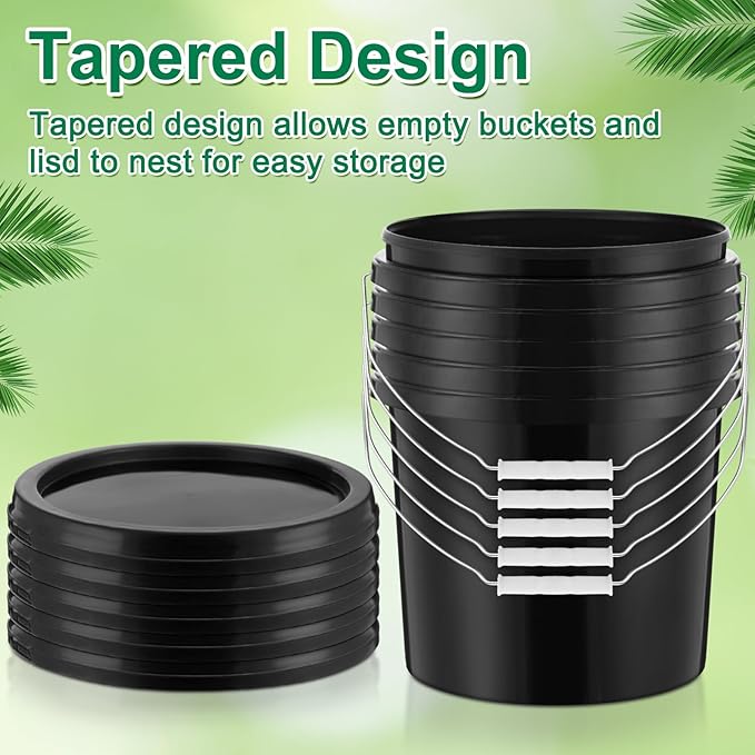 Tioncy 24 Pcs 2 Gallon Plastic Bucket with Lid Heavy Duty 2 Gallon Bucket Pail with Lid Handle for Storage Container Home Household Cleaning (Black)