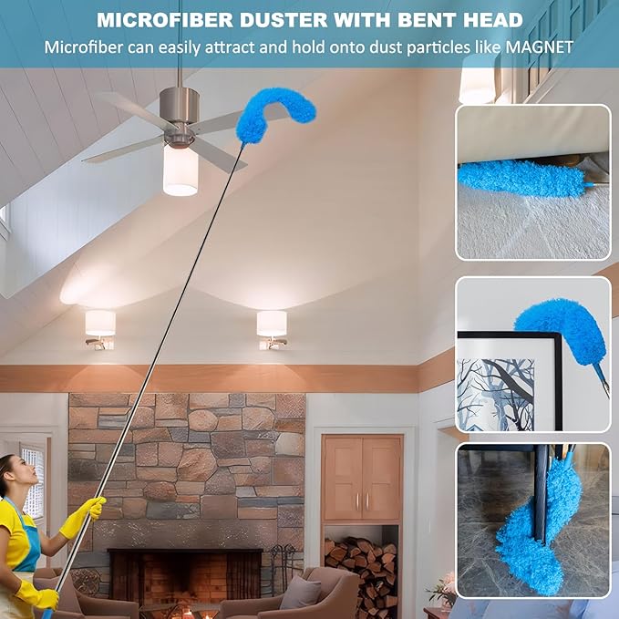 100 Inch Cobweb Duster, Spider Web Brush & Microfiber Feather Duster with 100" Extension Pole, Bendable Head, Scratch-Resistant Cover, Washable Duster for Home Ceiling, Fan, Furniture (Blue)