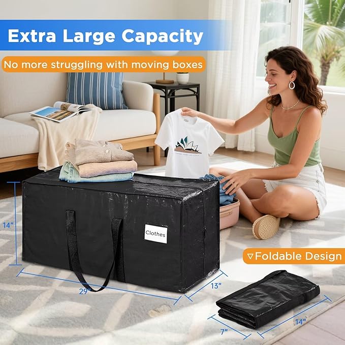 BETU Extra Large Moving Bags Heavy Duty Storage Bags with Zipper Handles, 2 Pack Clothes Storage Totes Bins Packing Moving Boxes, Moving Supplies for College Dorm Essentials, Space Saving, Black