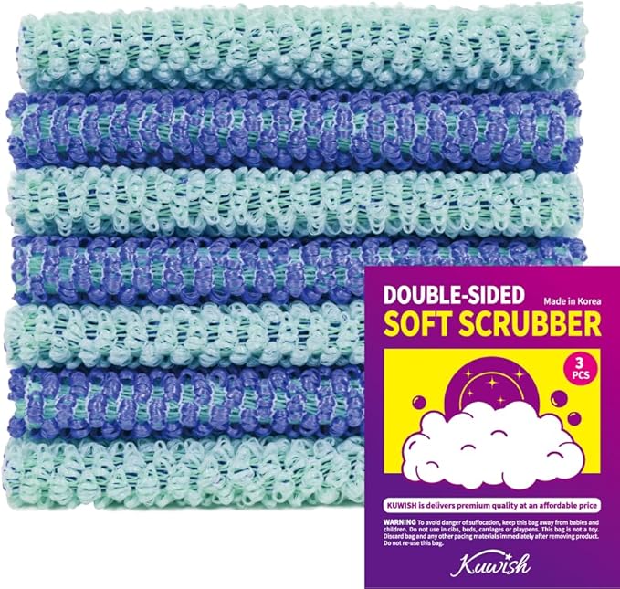 Kuwish Heavy Duty Non-Scratch Double Sided Soft Scrubber for Dish Scrubber for Dishes & Pots (3Pcs) - Best Replacement dishwashing Sponge - Try Our Alternative Dish Washing Korea Made