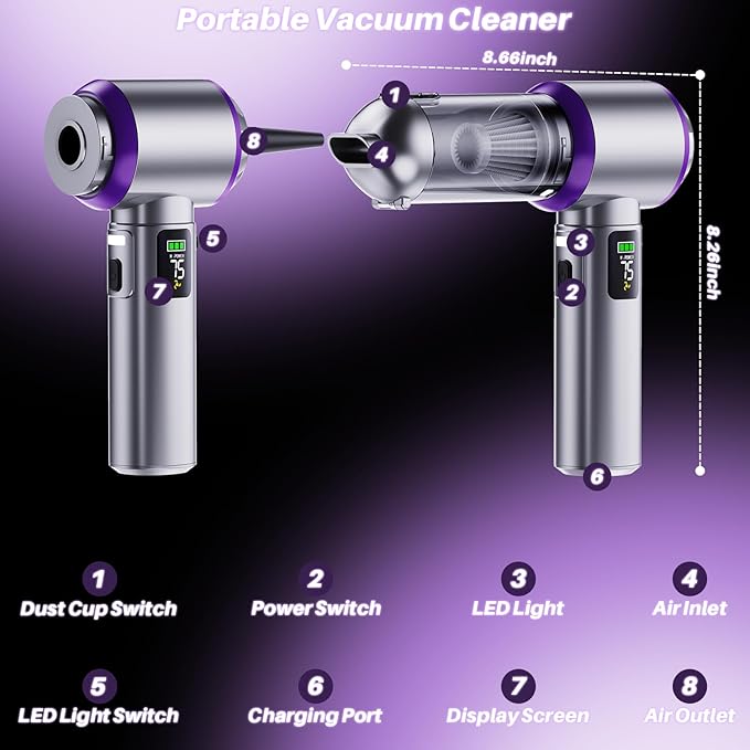 Olubfdh Car Vacuum Cleaner Portable, 22000PA High Power Handheld Vacuum Cordless with Brushless Motor & LED Light, Small Vacuum for Car, Home, Pet, Office