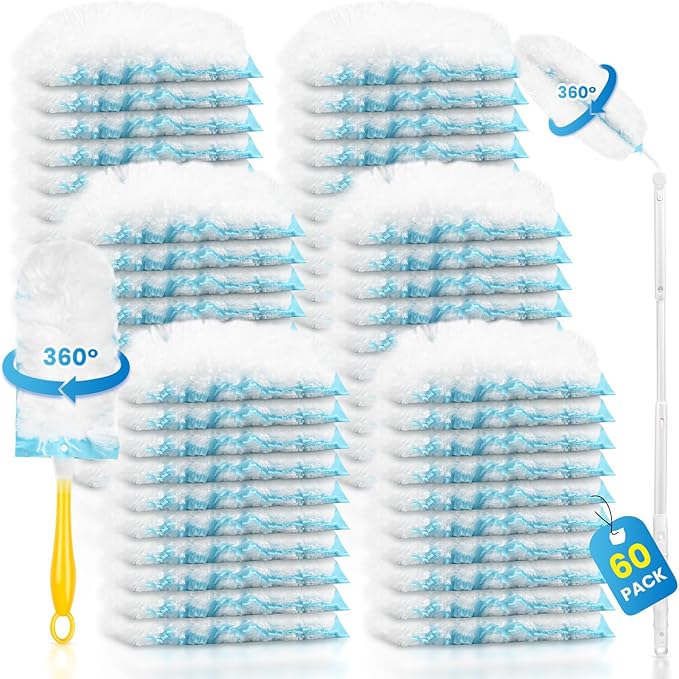 Duster Refills Compatible with Swiffer Duster, 60 Count Heavy Duty Duster Refills with 1 Short Handle + 1 Extenda Handle, Multisurface 360° Dusters with 4X Microfibers, Unscented Dusters for Cleaning