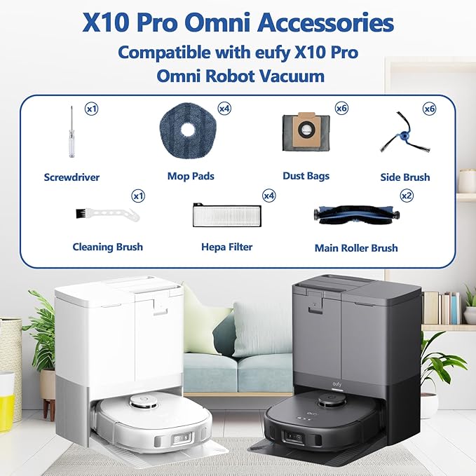 24 Pack X10 Pro Omni Replacement Parts for Eufy X10 Pro Omni Robot Vacuum Cleaner Accessories, 2 Main Brushes 4 Hepa Filter 4 Mop Pads 6 Dust Bags 6 Side Brushes 1 Screwdriver 1 Cleaning Brush