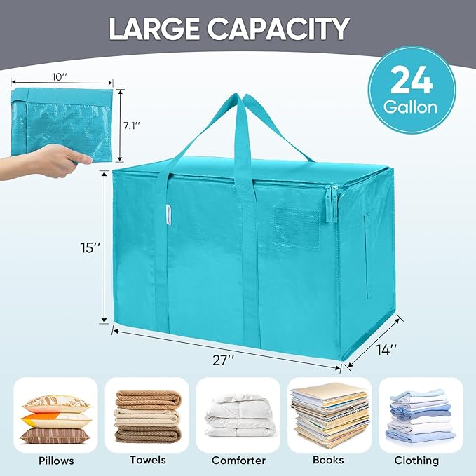 TICONN 8 Pack Extra Large Moving Bags with Zippers & Carrying Handles, Heavy-Duty Storage Tote Moving Boxes for Space Saving (8 Pack, Aqua)